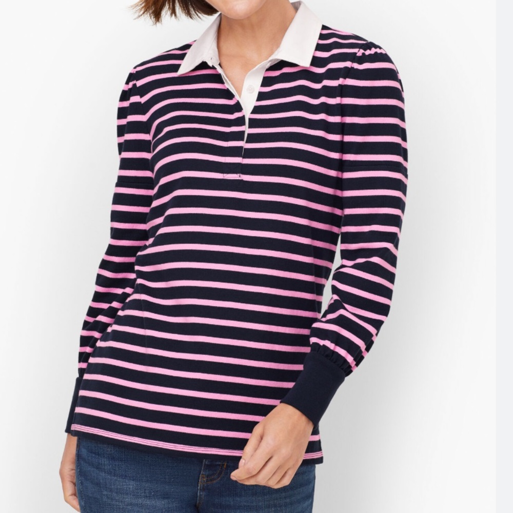 Talbots Puff Sleeve Collared Polo Navy and Pink Stripe size Large